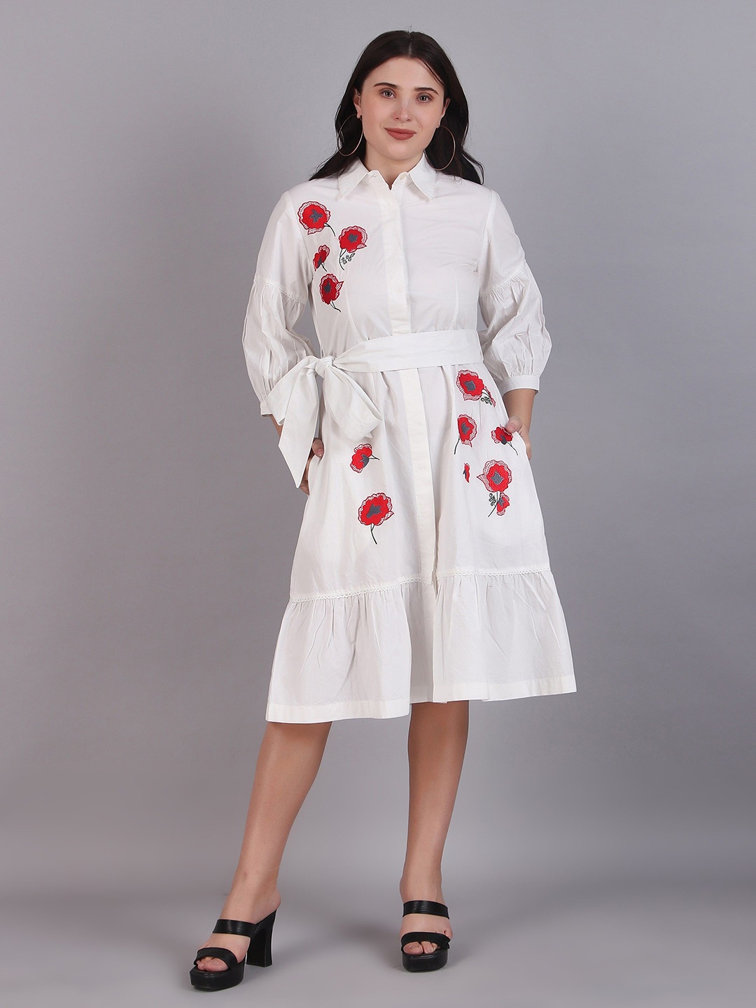 

Dressitude Embroidered Cotton Shirt Midi Dress, White