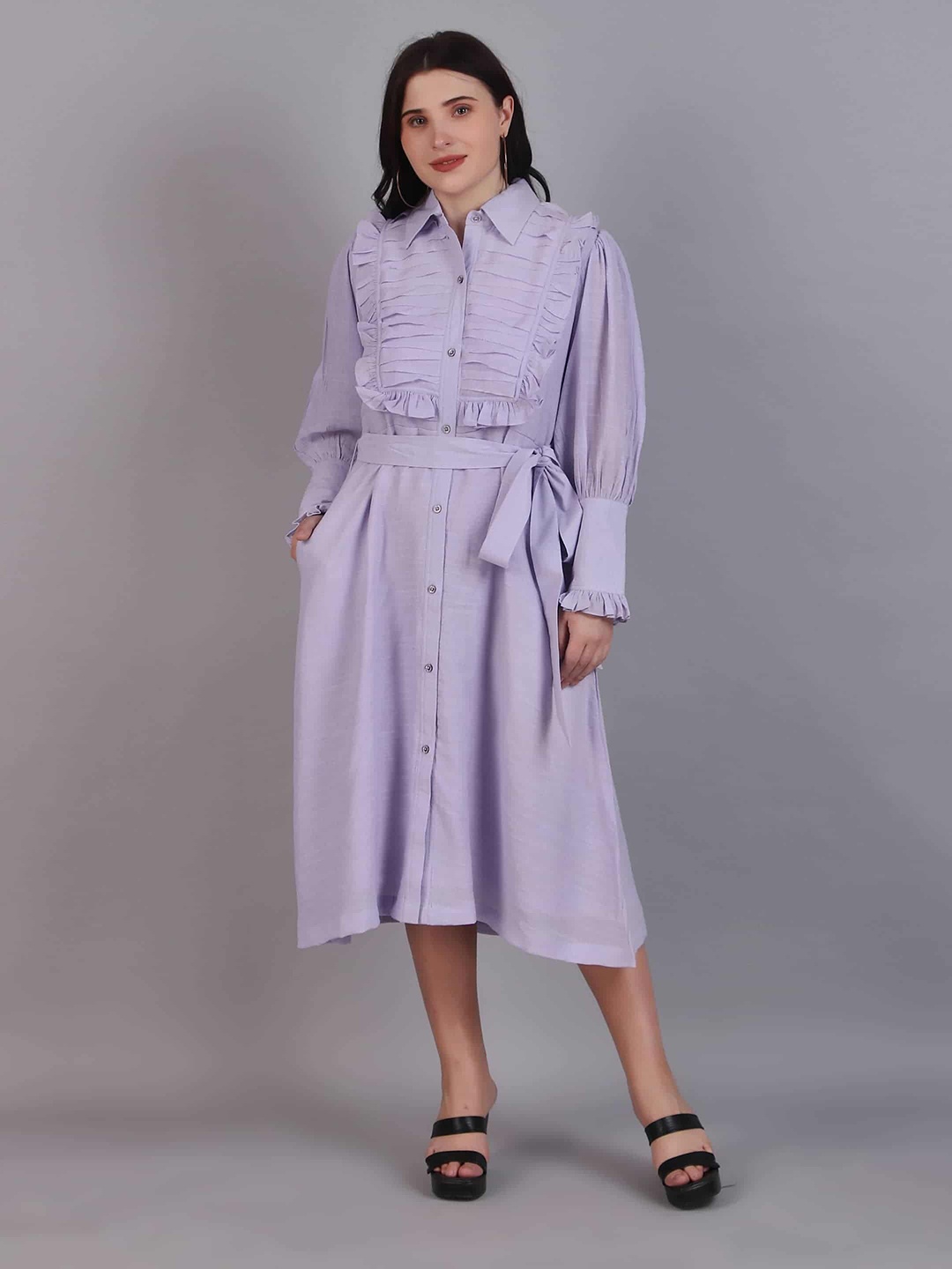 

Dressitude Cuffed Sleeves Shirt Midi Dress, Purple