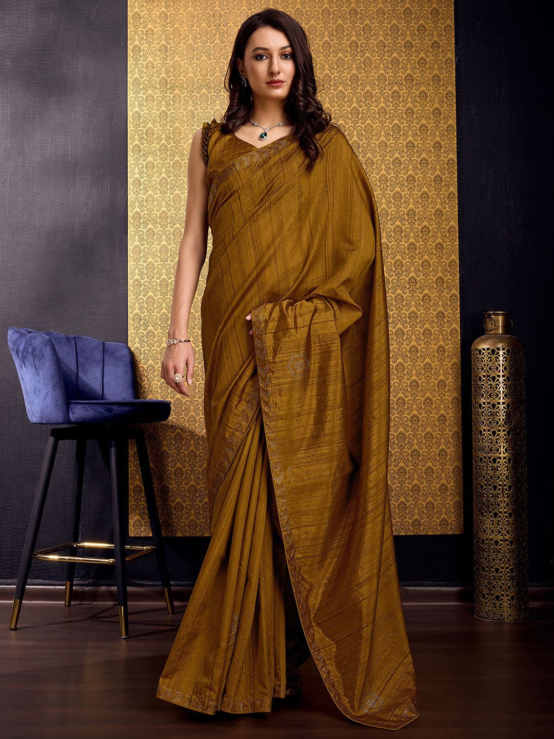 

Ishin Embellished Beads and Stones Tussar Saree, Brown