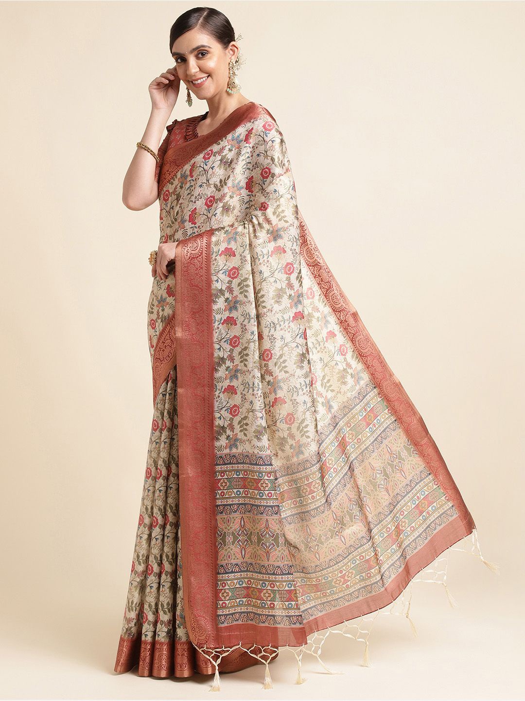 

Ishin Ethnic Motifs Woven Design Kanjeevaram Saree, Beige