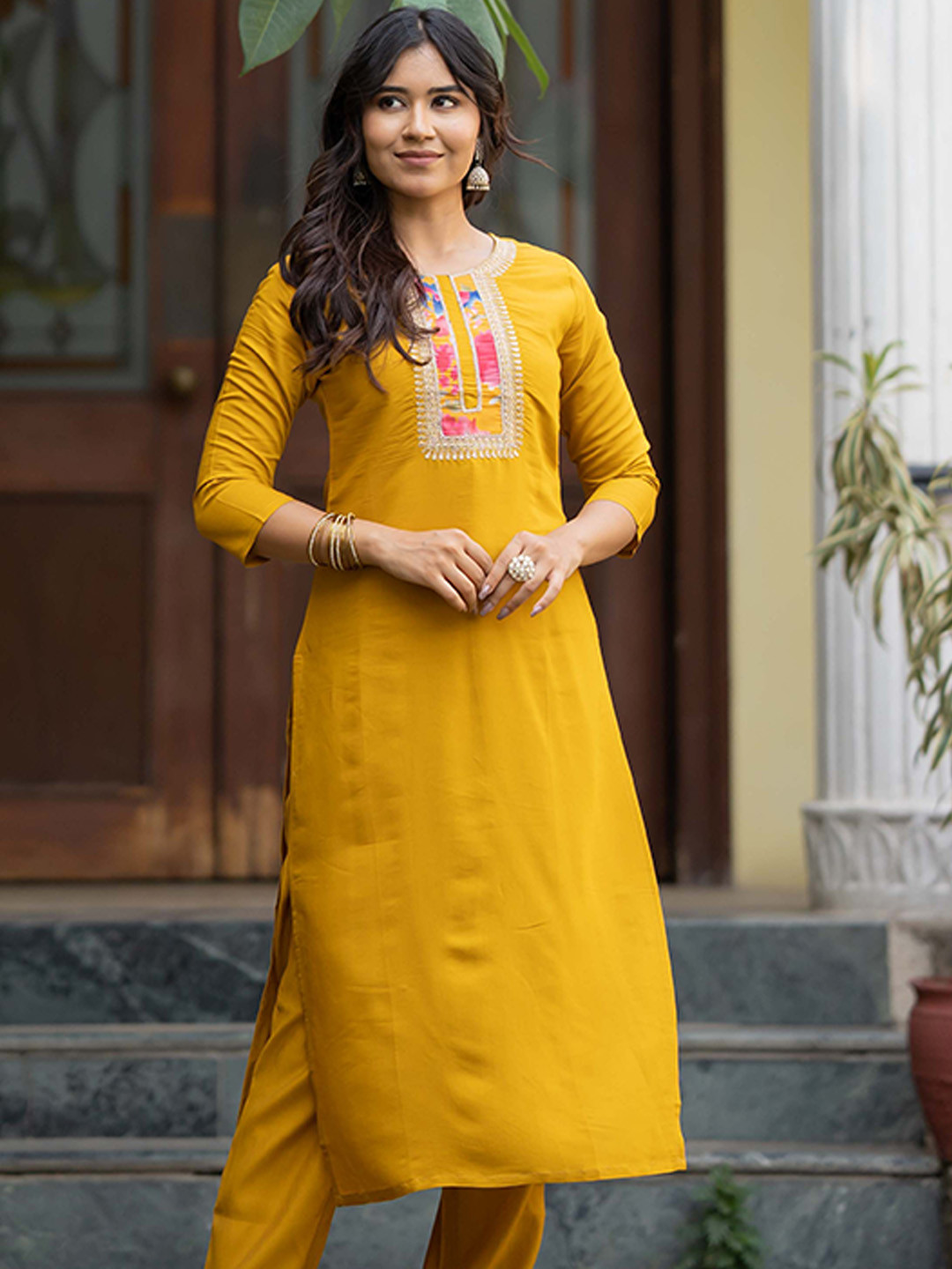 

Navlik Ethnic Motifs Yoke Design Regular Thread Work Kurta with Trousers & Dupatta, Yellow