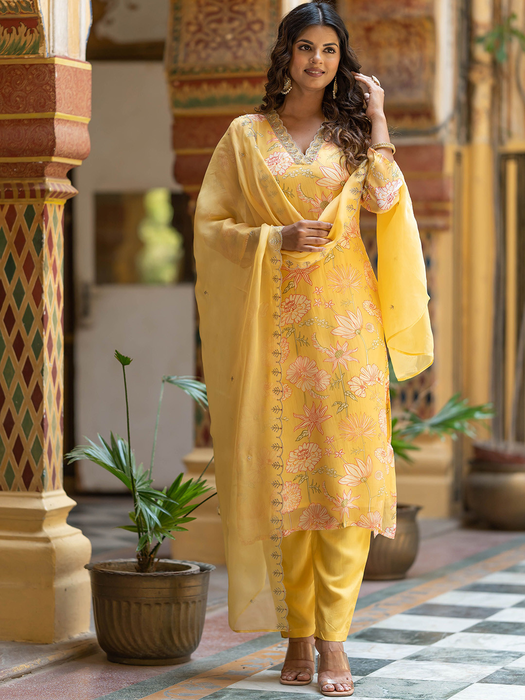 

Navlik Floral Printed V-Neck Thread Work Organza Straight Kurta With Trousers & Dupatta, Yellow