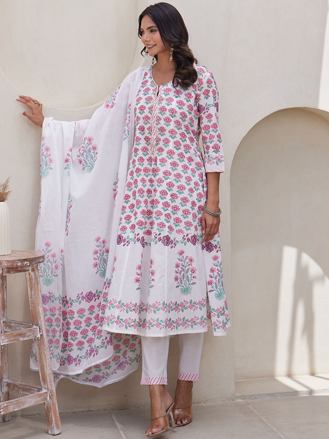 

MAAND Floral Printed Pure Cotton Kurta with Trousers & Dupatta, White