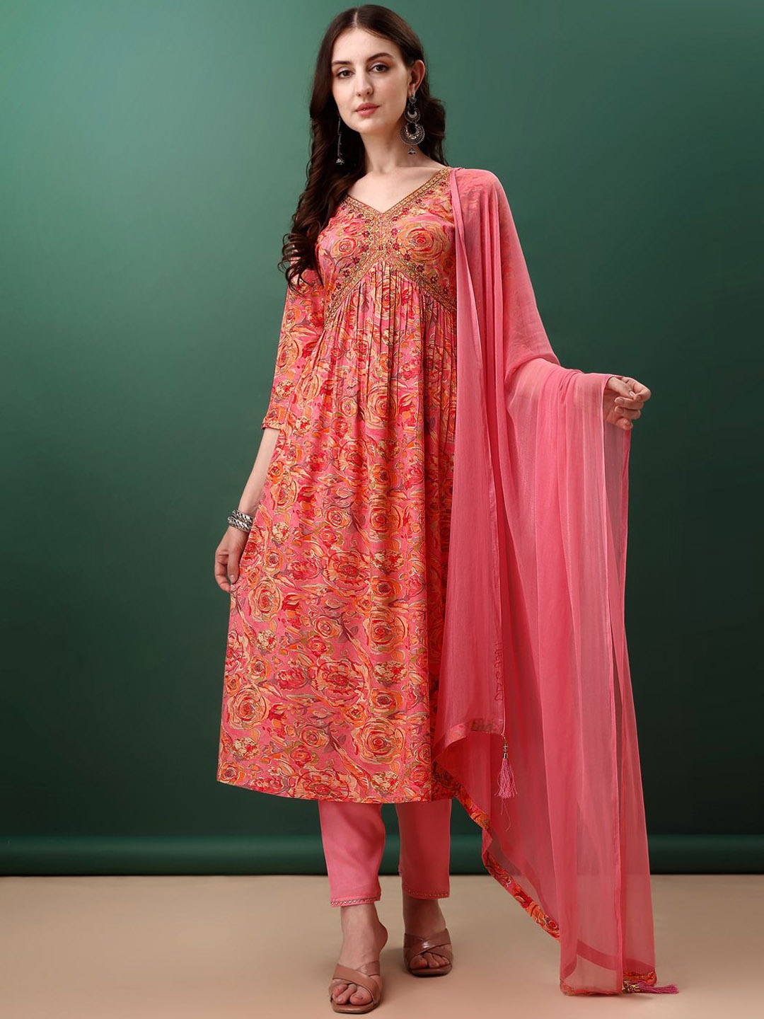 

KALINI Floral Embroidered Alia Cut Kurta with Trousers & Dupatta, Pink