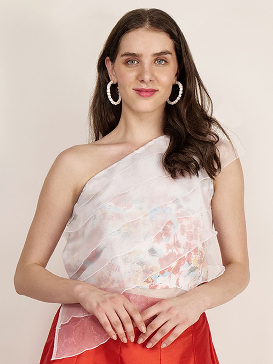 

Frolic Rolic White Floral Print Organza Layered One-Shoulder Satin Blouse