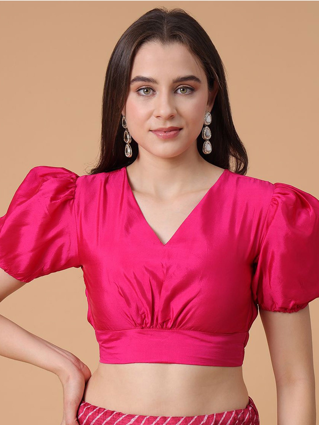 

Frolic Rolic Silk V Neck Puff Sleeves Blouse, Pink
