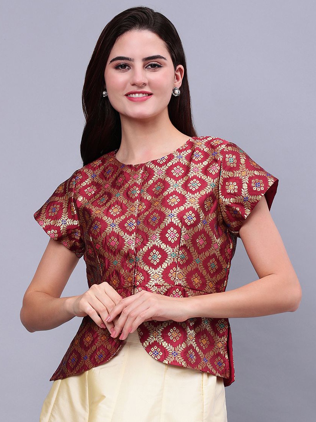 

Frolic Rolic Maroon Silk Jacquard Wowen Design Waist Length Ethnic Blouse