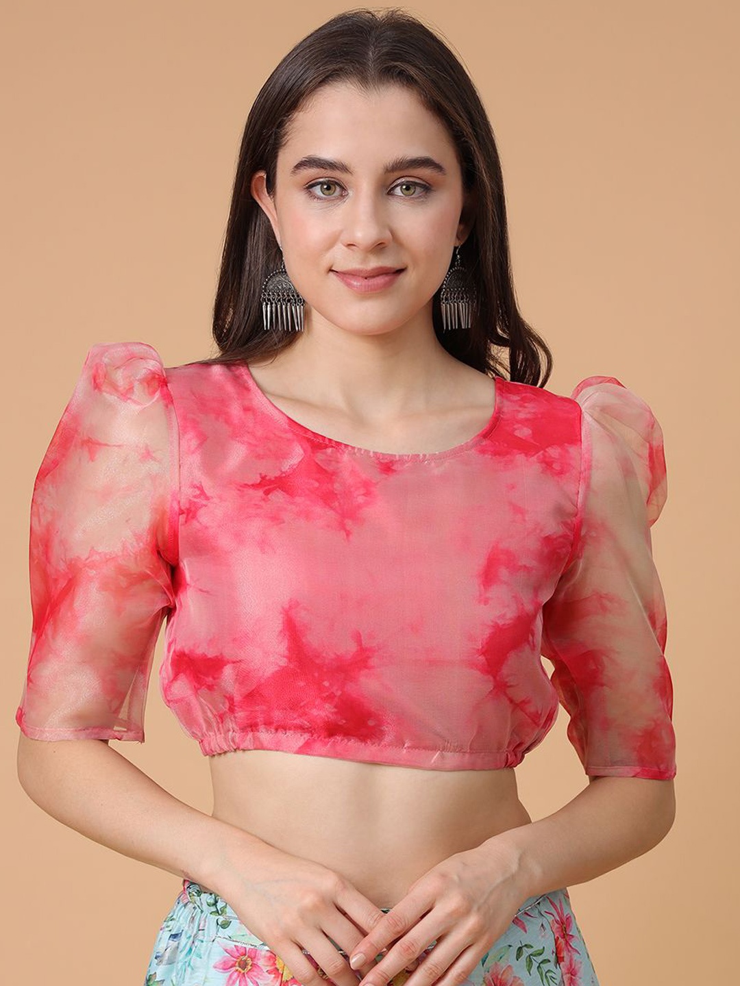 

Frolic Rolic Pink Tye-Die Organza Round Neck Short Sleeves Blouse