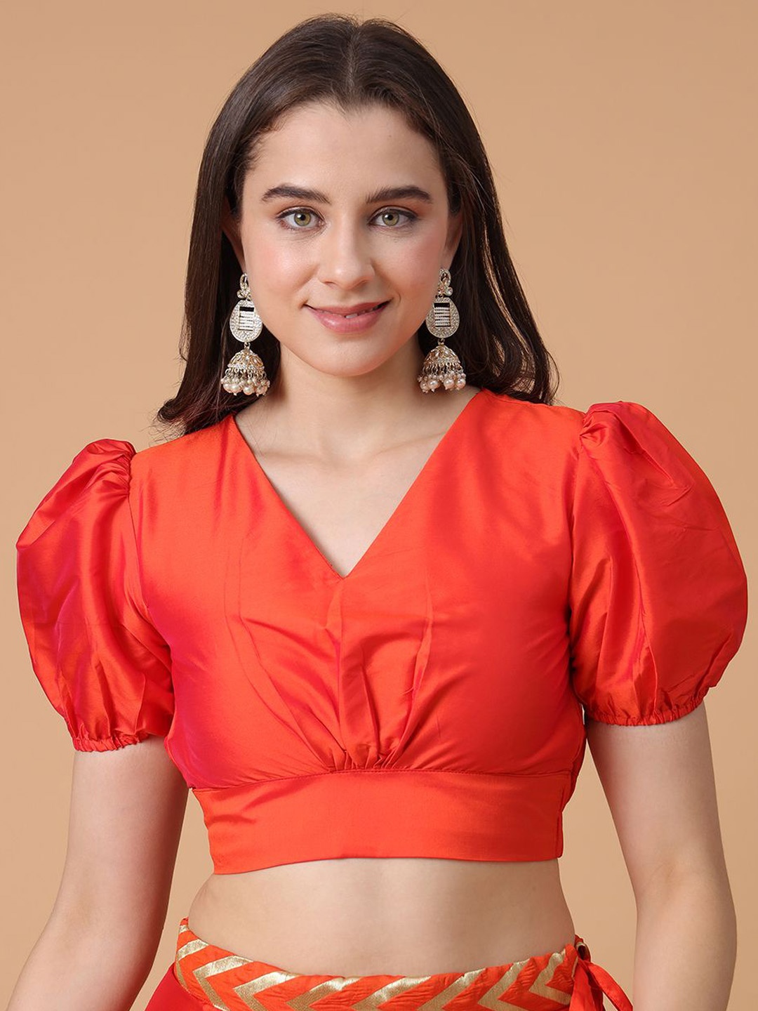 

Frolic Rolic Silk V Neck Puff Sleeves Blouse, Orange