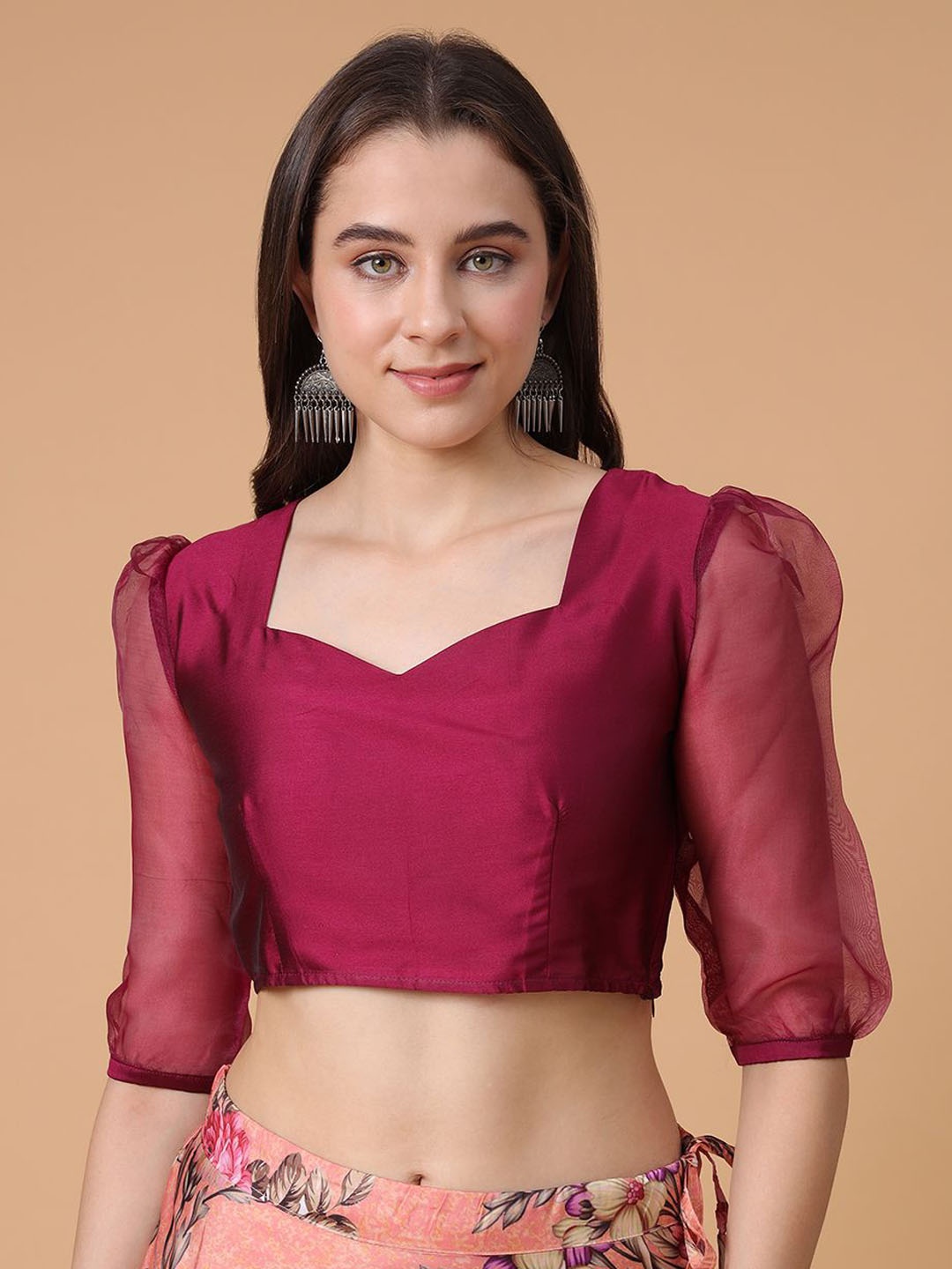

Frolic Rolic Burgundy Silk Blend Organza Sleeves Sweetheart Neck Blouse