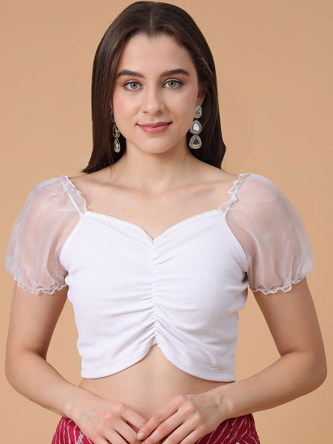 

Frolic Rolic Solid Polyester Knitted Organza Puff Sleeves Sweetheart Neck Blouse, White