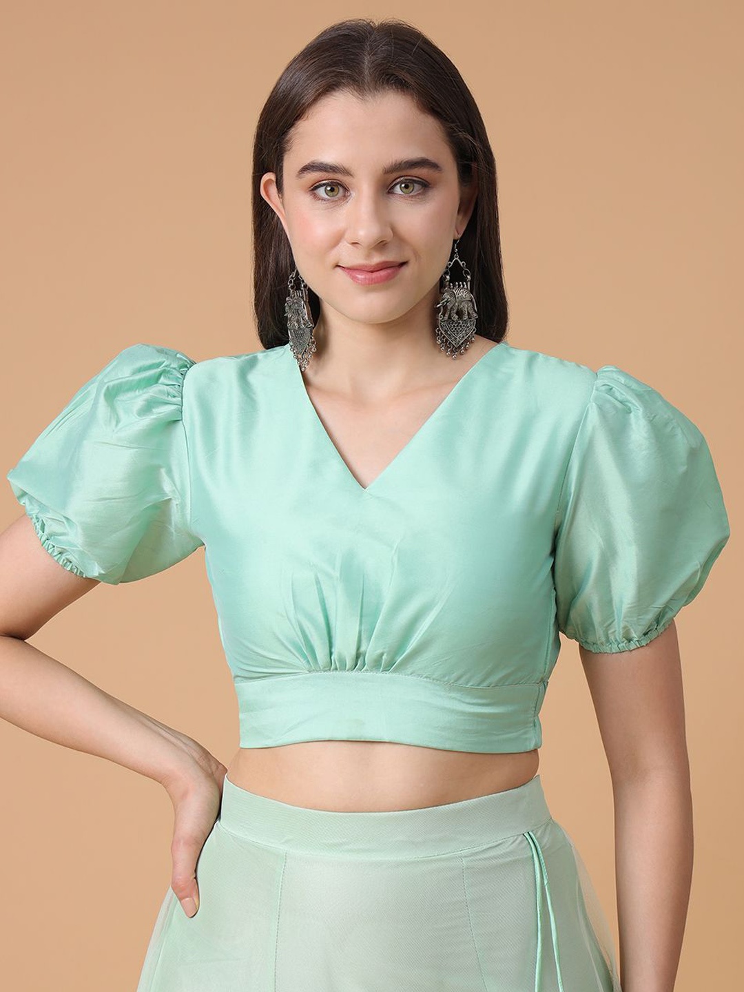 

Frolic Rolic V Neck Puff Sleeves Blouse, Green