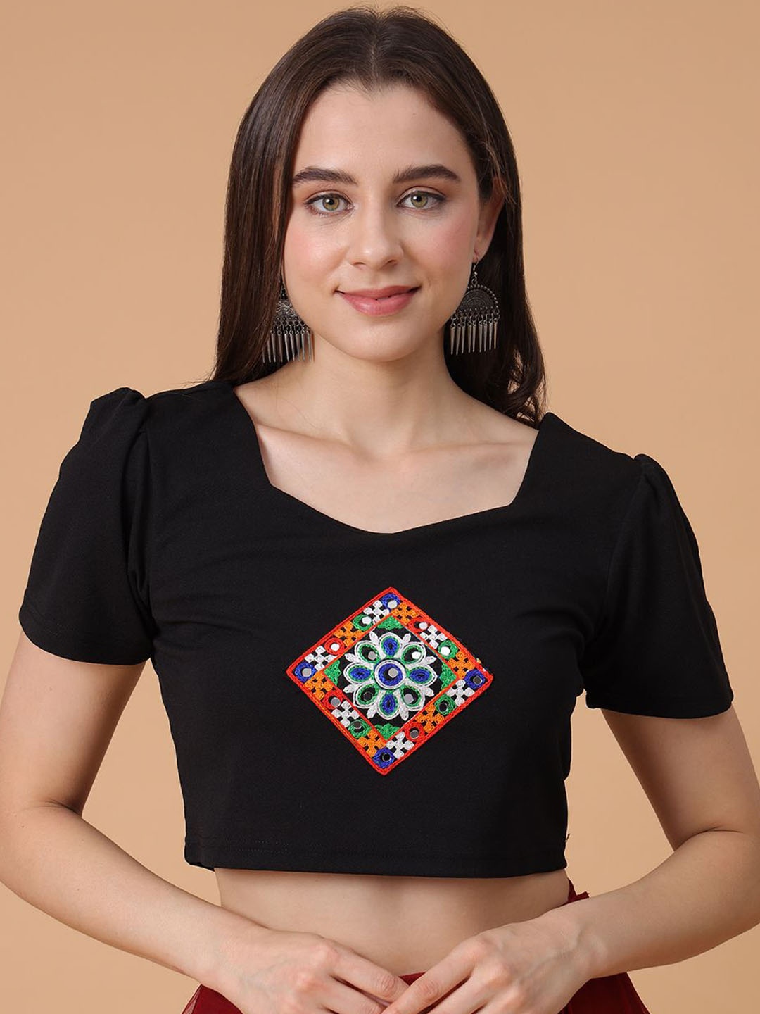 

Frolic Rolic Knitted Black Embroidered Patch Work Polyester Blouse