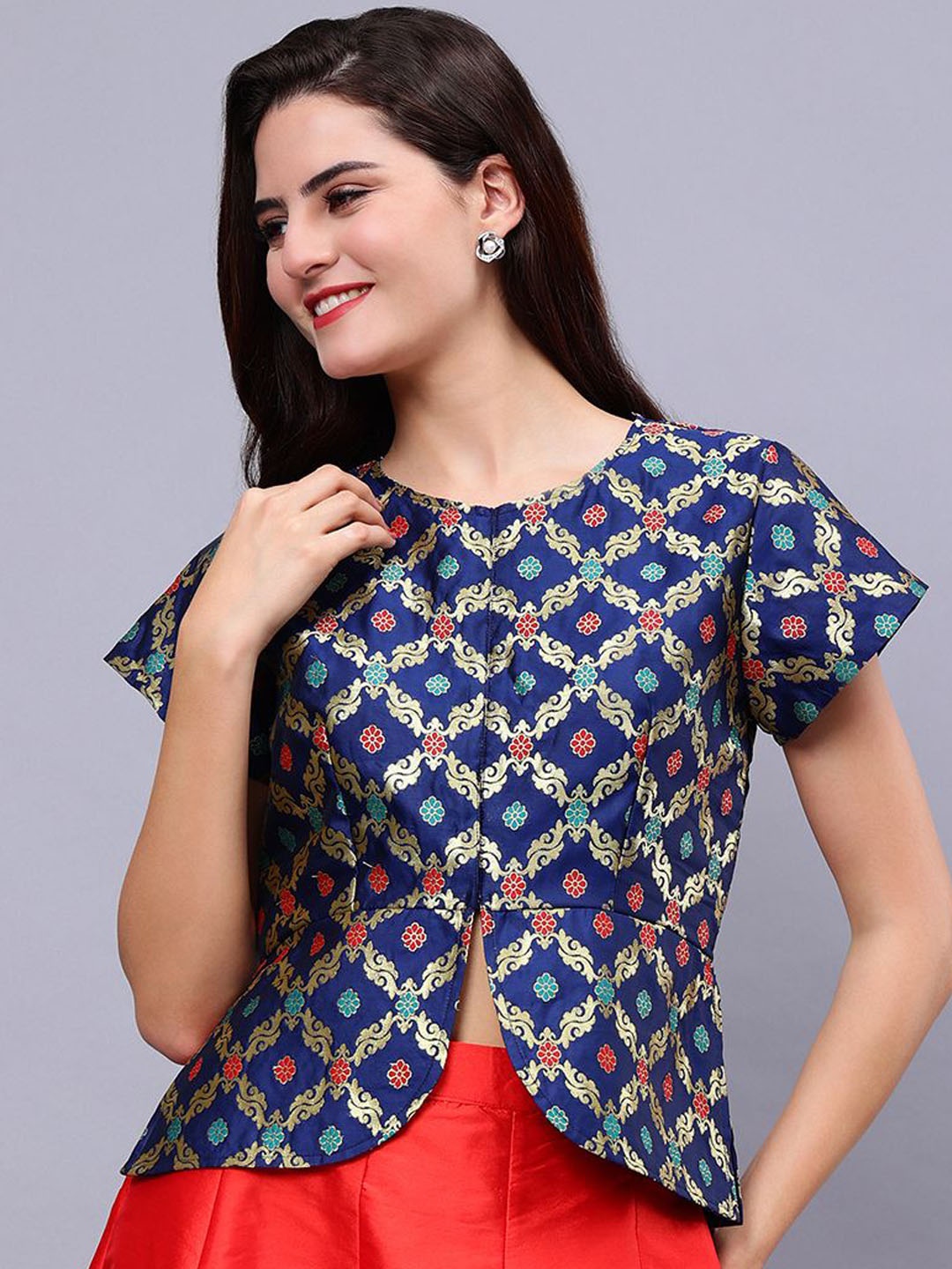 

Frolic Rolic Navy Blue Silk Jacquard Wowen Design Waist Length Ethnic Blouse