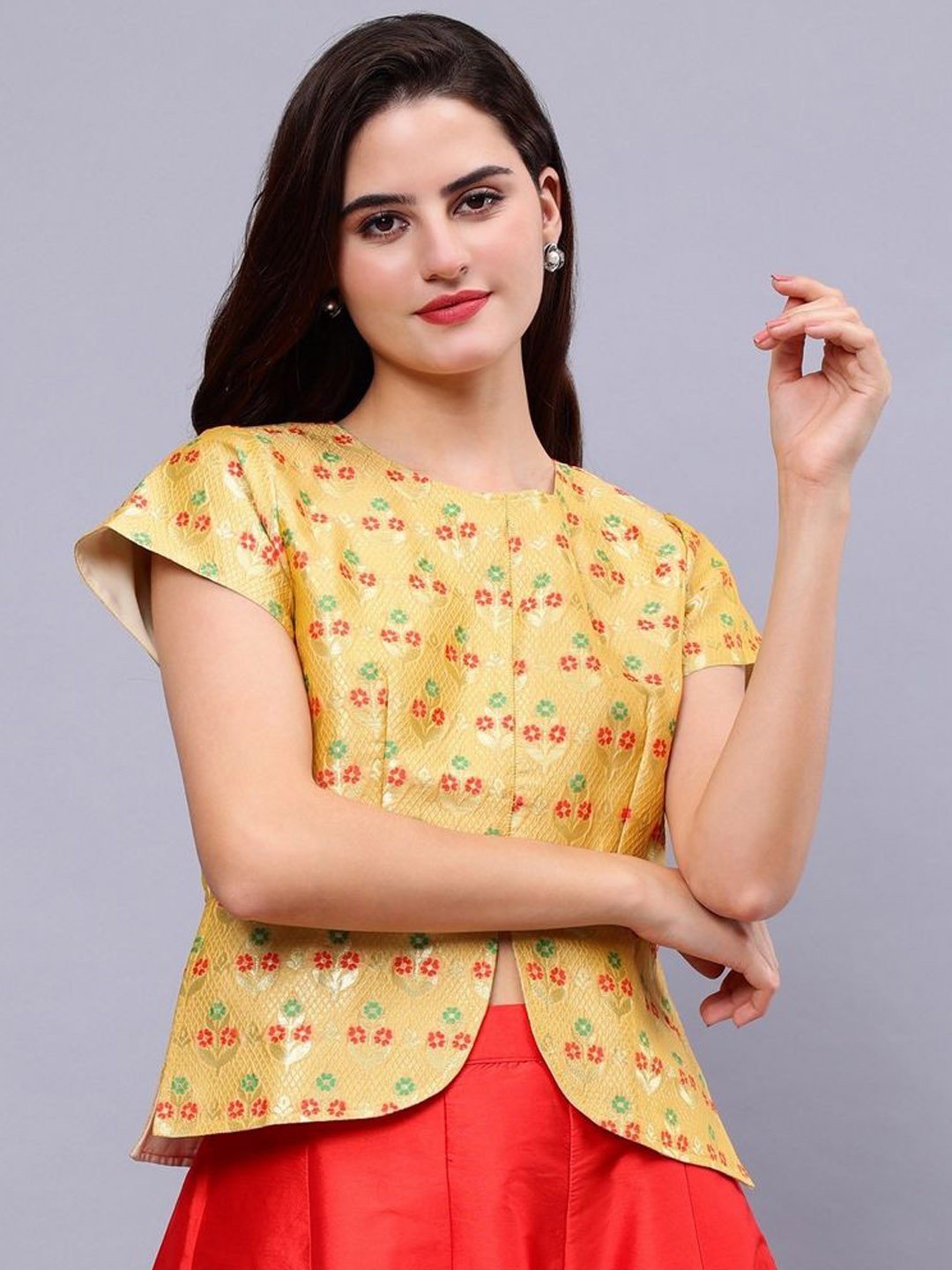 

Frolic Rolic Golden Silk Jacquard Wowen Design Waist Length Ethnic Blouse, Gold