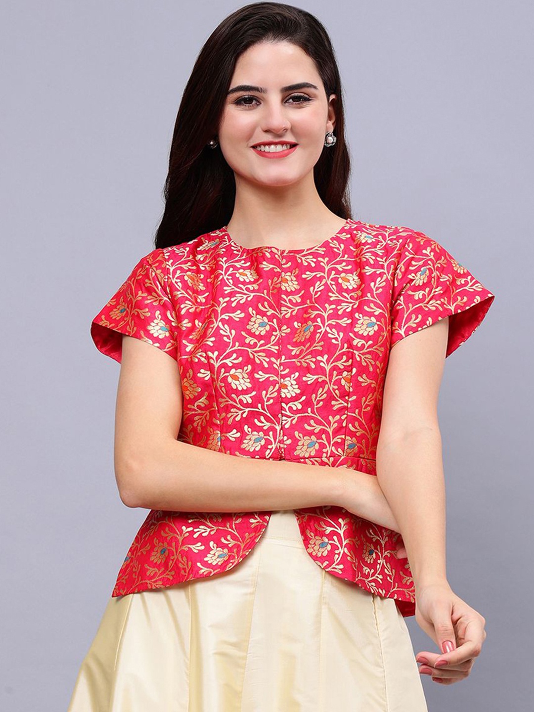 

Frolic Rolic Silk Jacquard Wowen Design Waist Length Ethnic Blouse, Pink