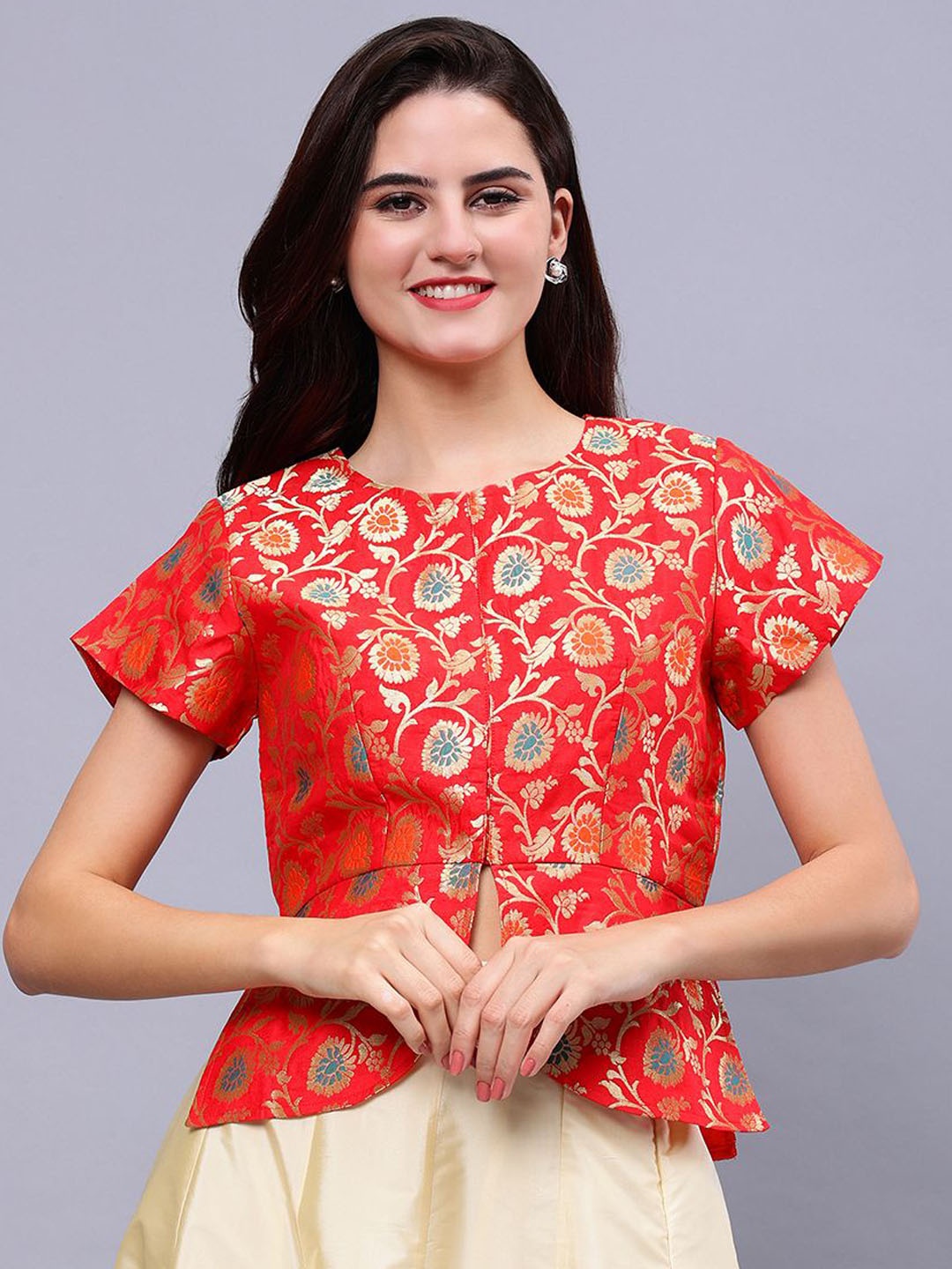 

Frolic Rolic Silk Jacquard Wowen Design Waist Length Ethnic Blouse, Red