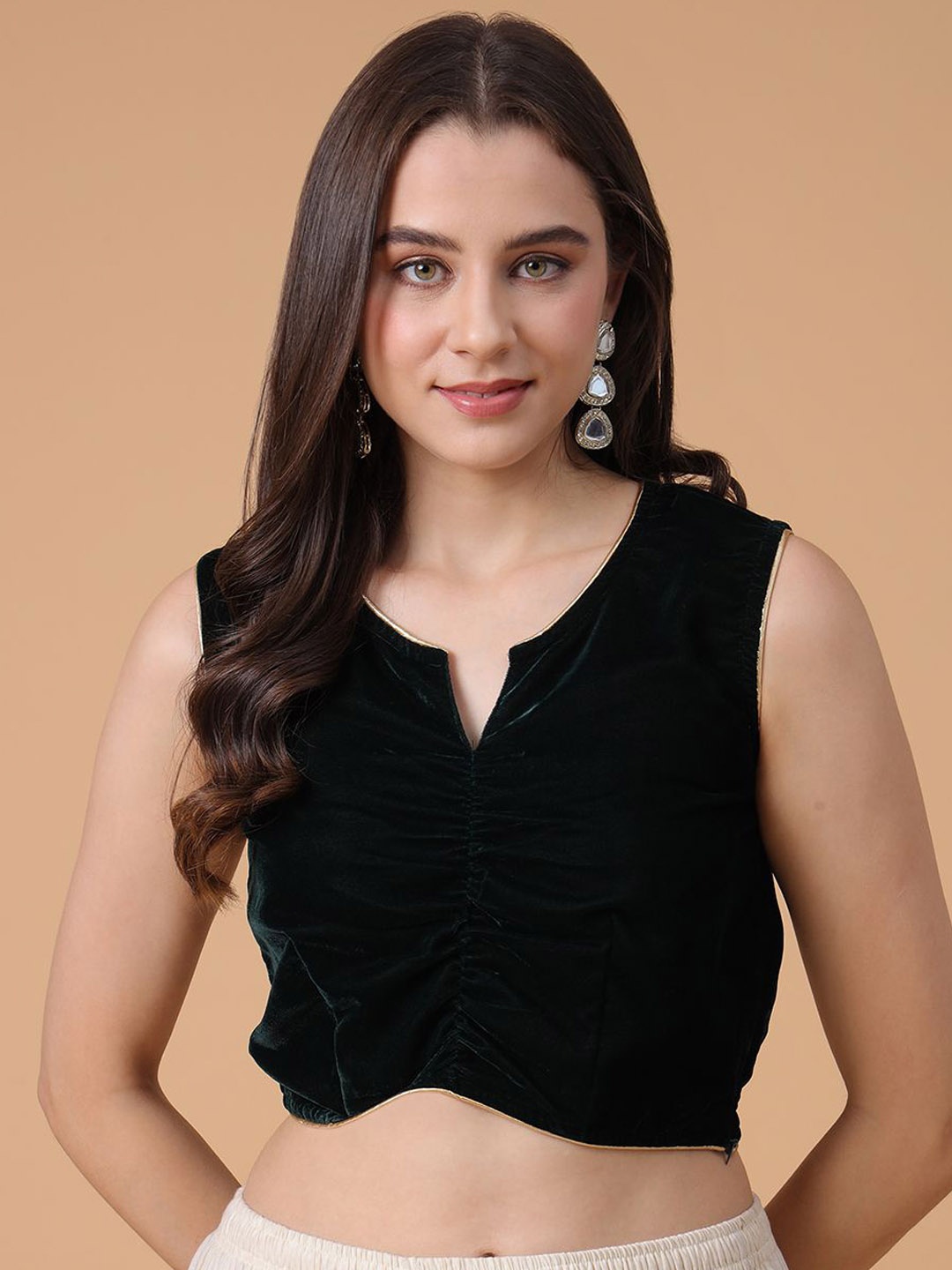 

Frolic Rolic Green Velvet V-Neck Blouse, Black
