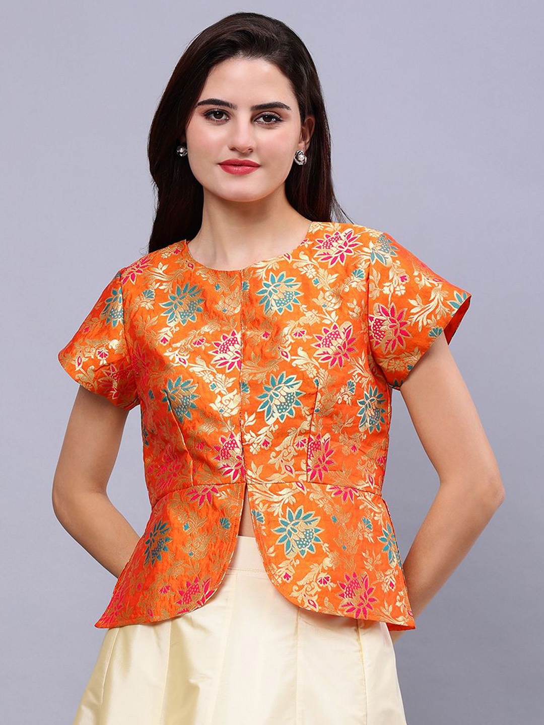 Frolic Rolic Orange Silk Jacquard Wowen Design Waist Length Ethnic Blouse