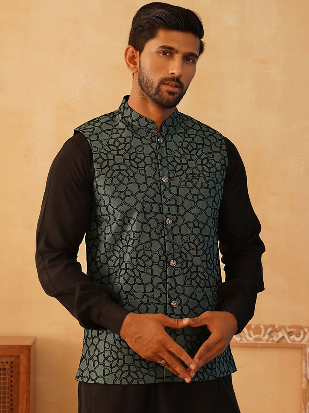 

Jompers Men Embroidered Nehru Jacket, Teal