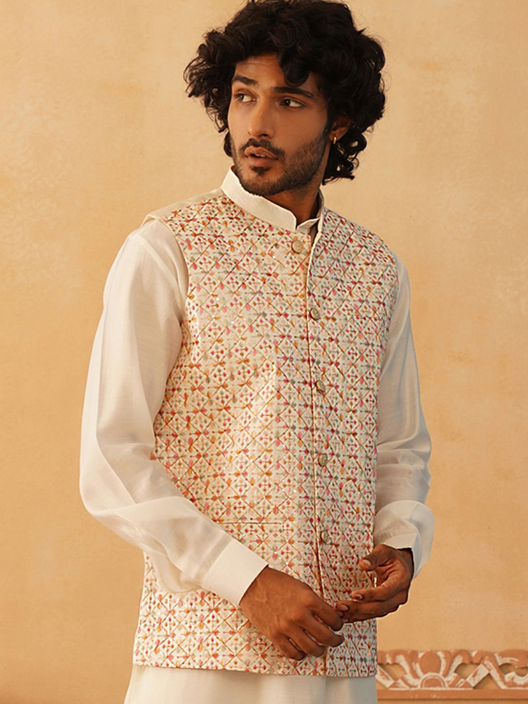 

Jompers Men Embroidered Nehru Jacket, Pink