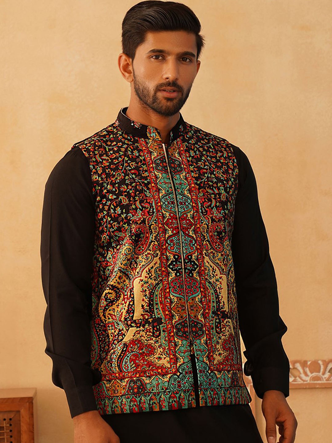 

Jompers Men Printed Velvet Nehru Jacket, Black