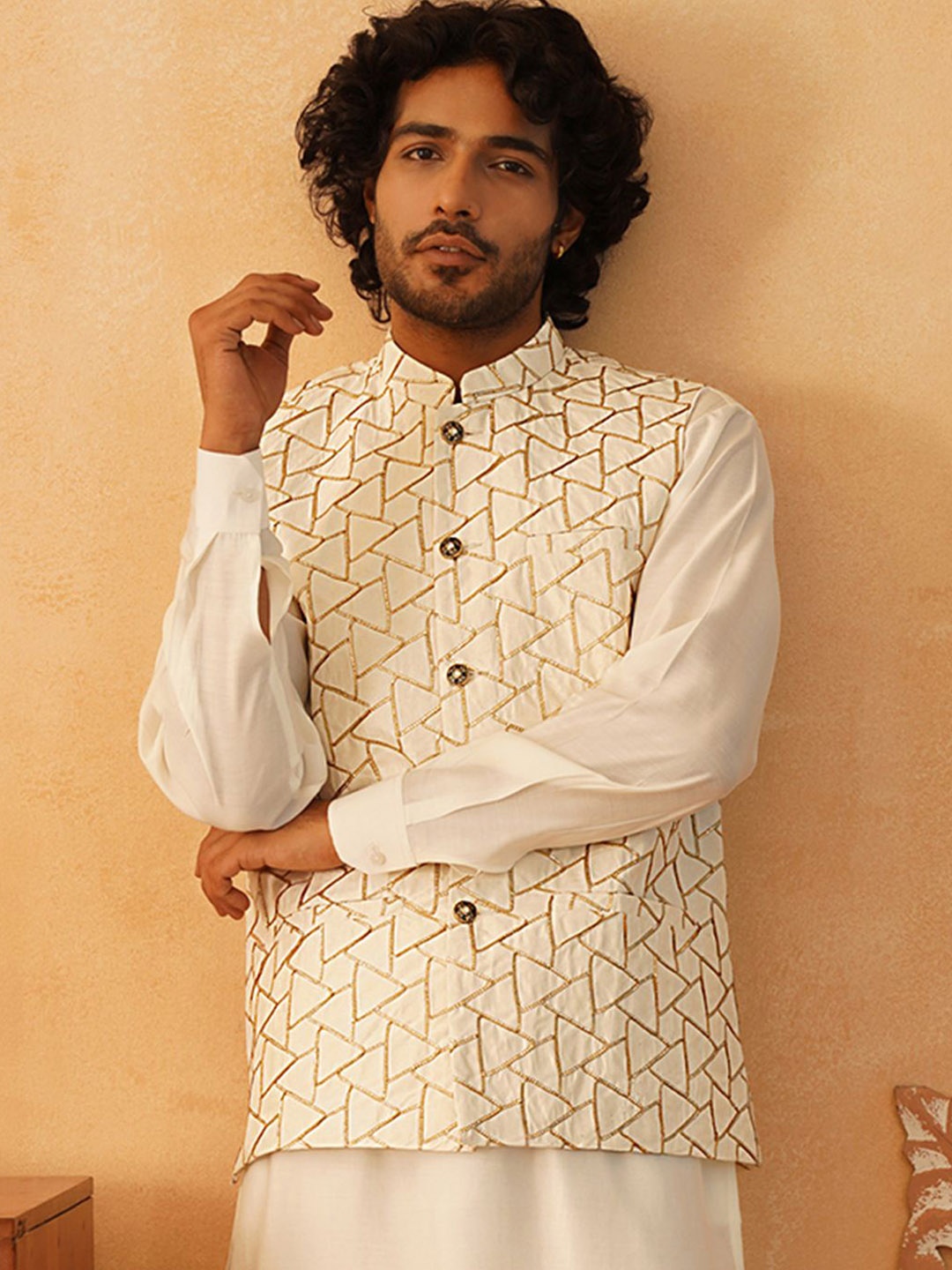 

Jompers Embroidered Nehru Jacket, Cream