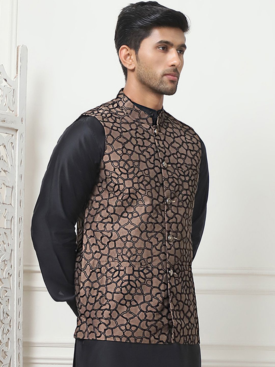 

Jompers Embroidered Nehru Jacket, Brown