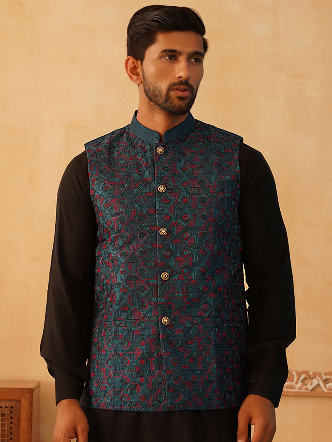 

Jompers Embroidered Nehru Jacket, Teal