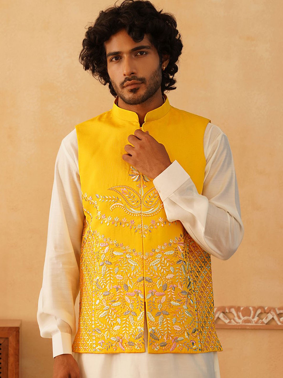 

Jompers Embroidered Nehru Jacket, Yellow