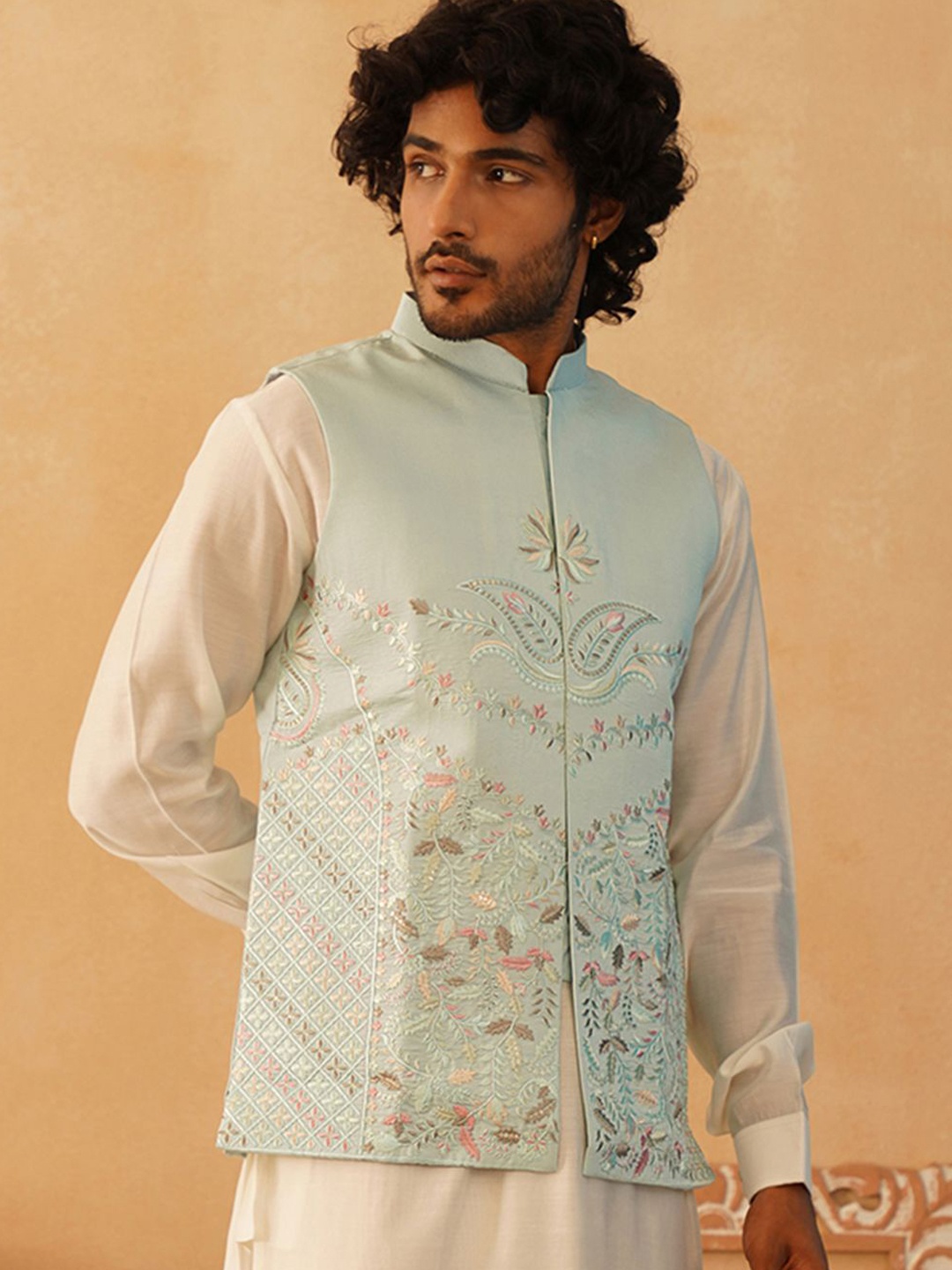 

Jompers Embroidered Nehru Jacket, Turquoise blue