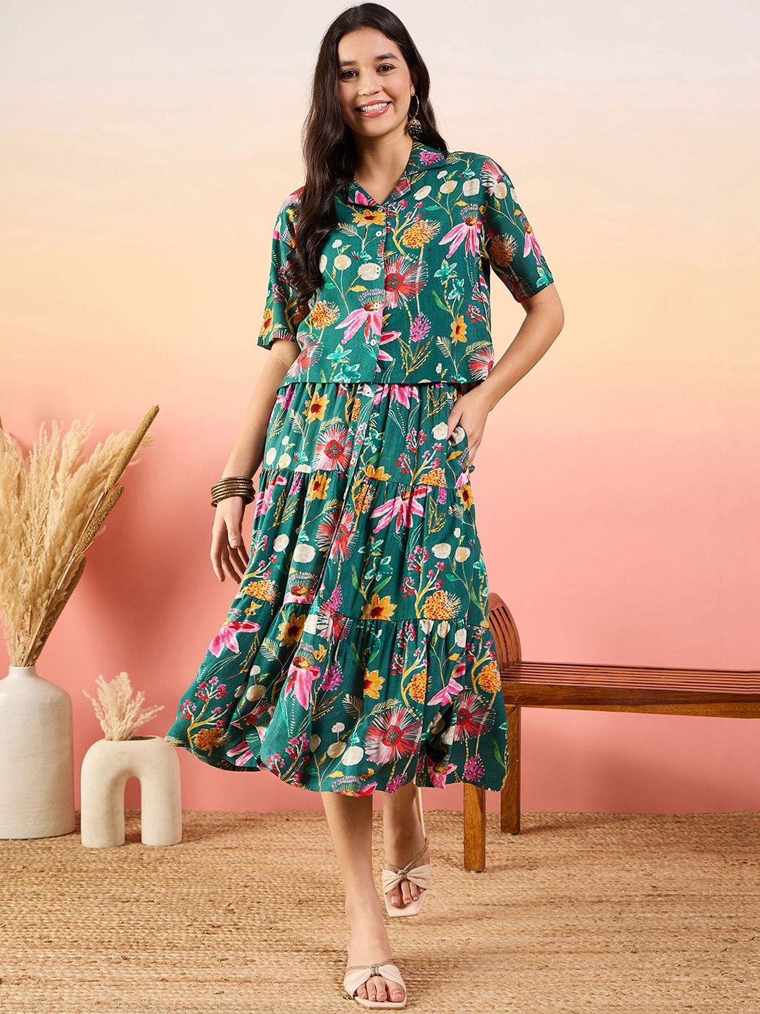 

Modeve Floral Printed Shirt With Skirt, Green