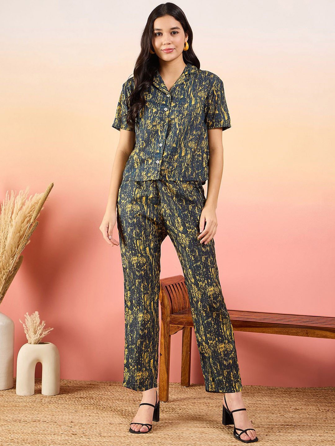 

Modeve Abstract Printed Shirt With Trouser, Navy blue
