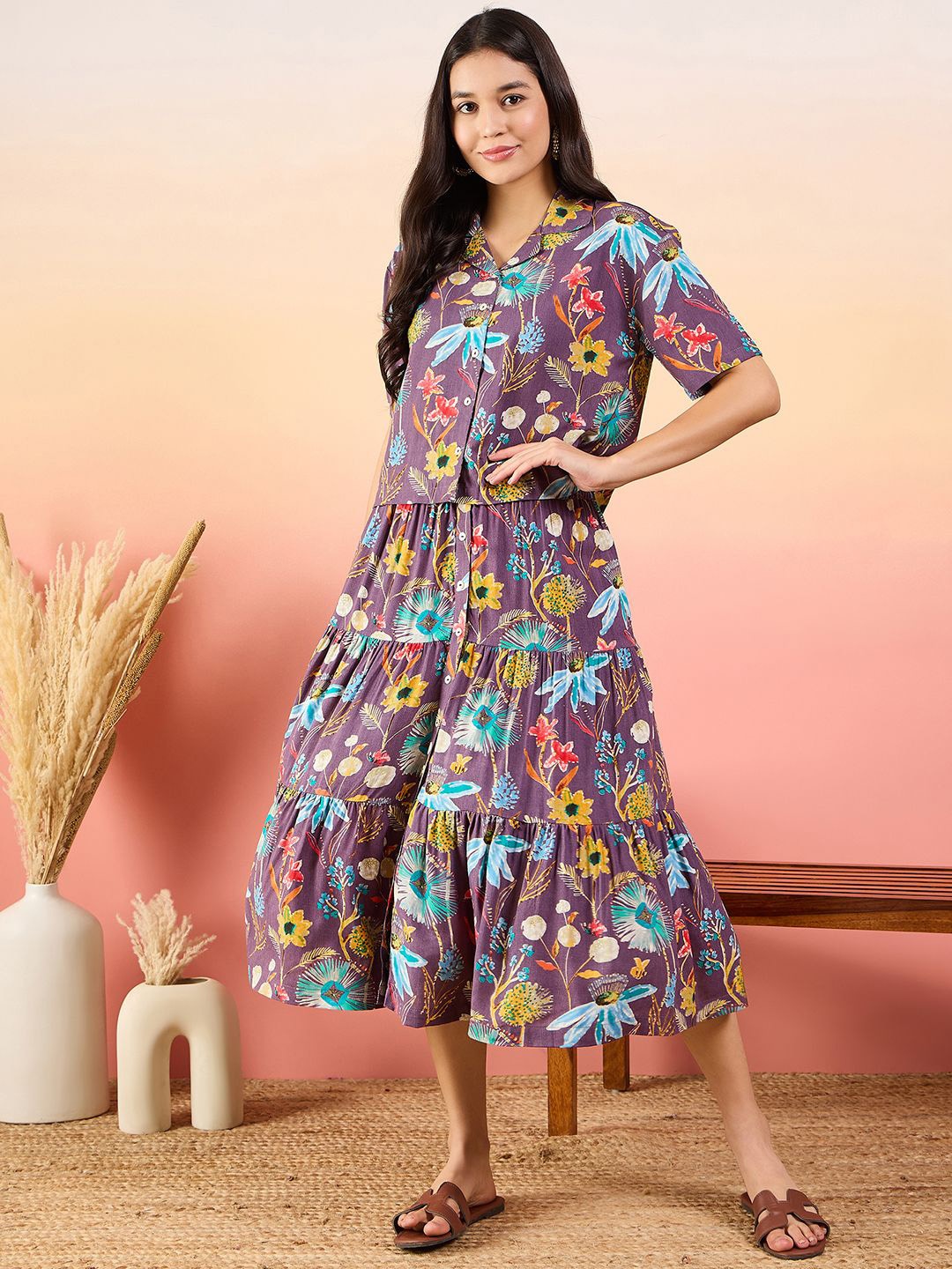 

Modeve Floral Printed Collar Shirt With Skirt, Mauve