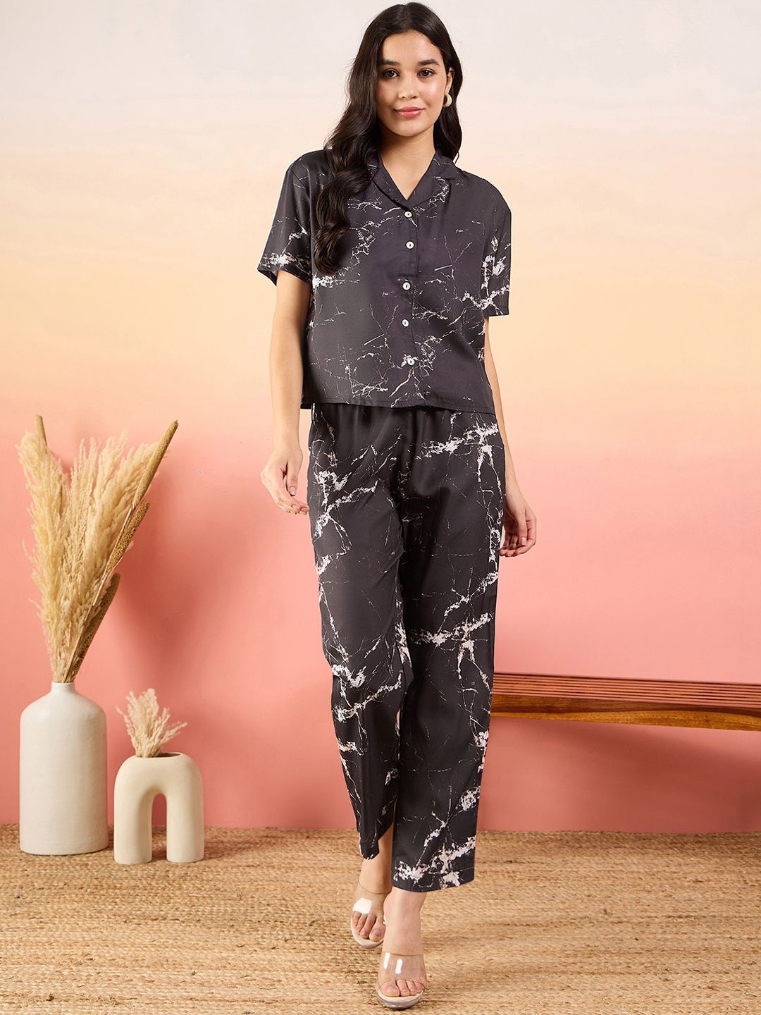 

Modeve Abstract Printed Short Sleeve Shirt & Trouser, Black