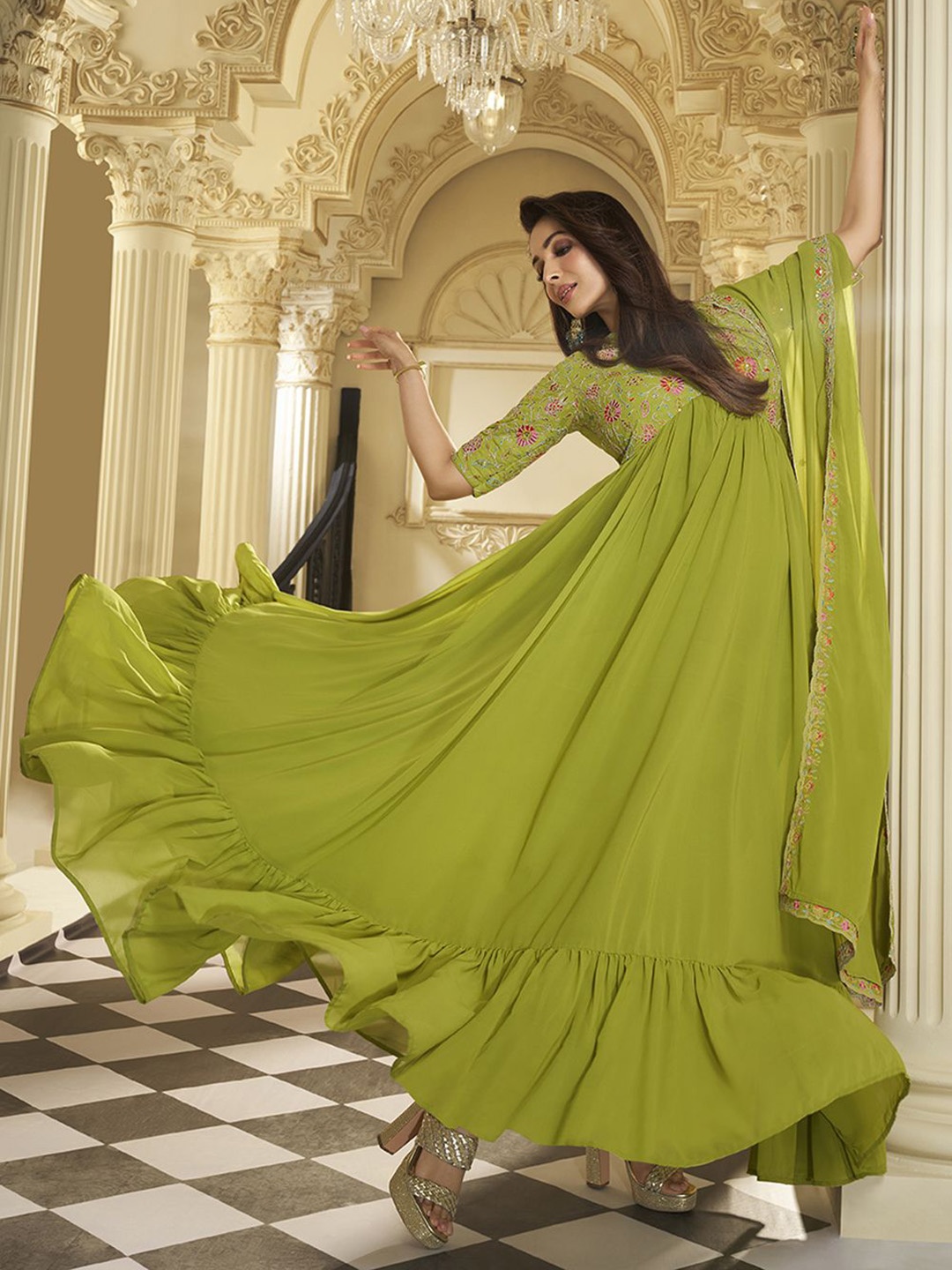 

Inddus Floral Yoke Design Round Neck Georgette Anarkali Kurta With Dupatta, Green