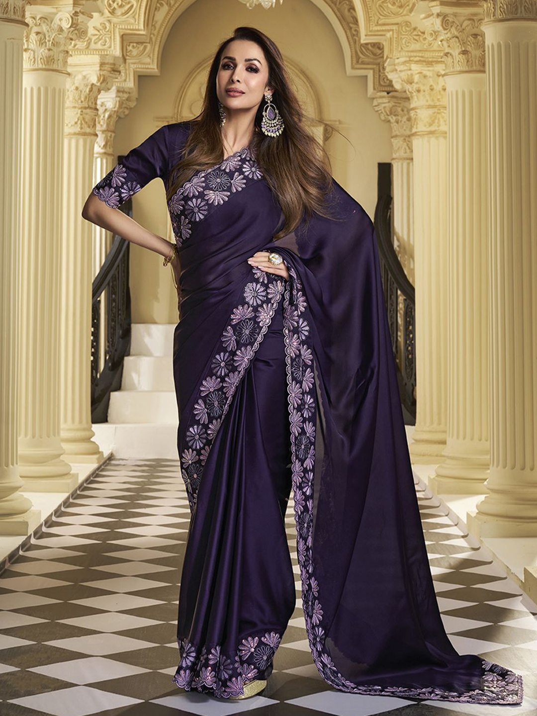 

Inddus Sequinned Satin Saree, Purple