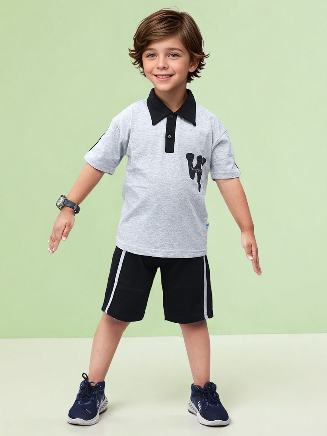 

Toonyport Boys Printed Pure Cotton T-shirt with Shorts, Grey