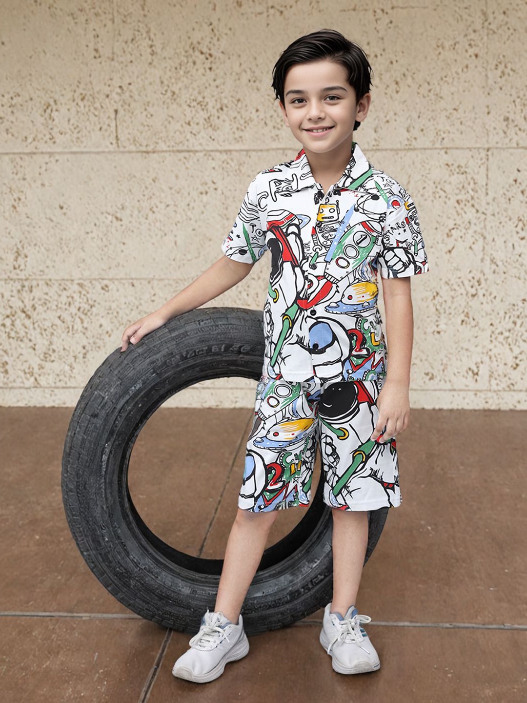 

Toonyport Boys Printed Pure Cotton Shirt With Shorts, White
