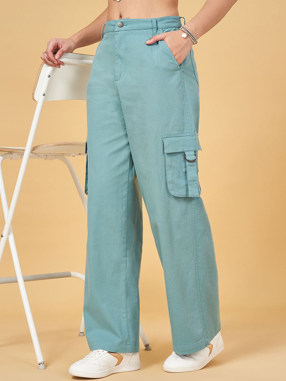 

YU by Pantaloons Women Loose Fit Mid-Rise Cargo Trousers, Turquoise blue