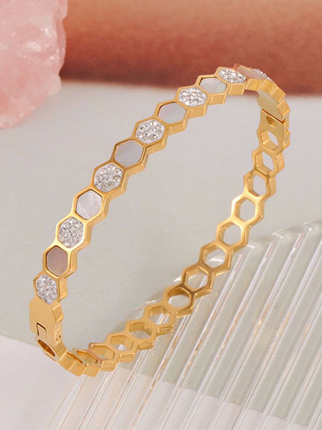 

The Pari Gold-Plated Stainless Steel Cubic Zirconia Studded Openable Bangle-Style Bracelet