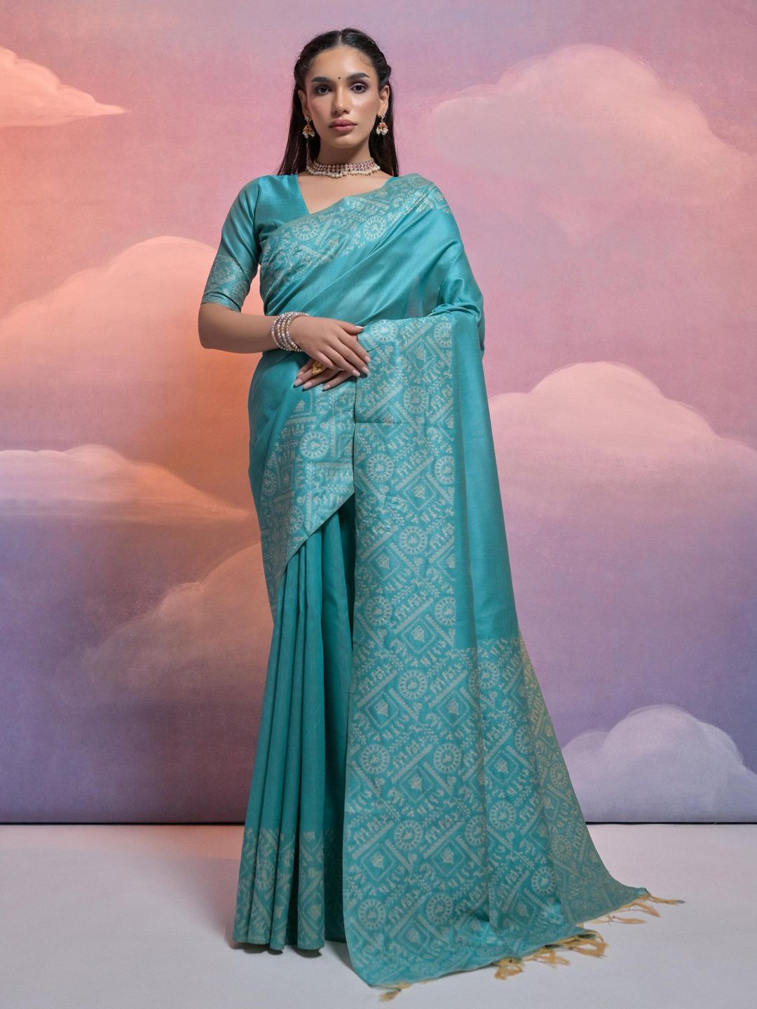 

Mitera Kalamkari Printed Border Saree, Teal