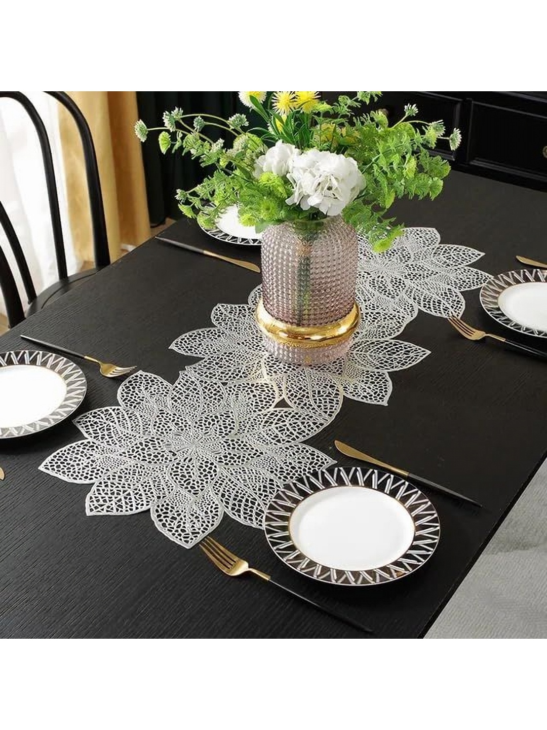 

GROKI Silver Toned Floral Textured Table Runner