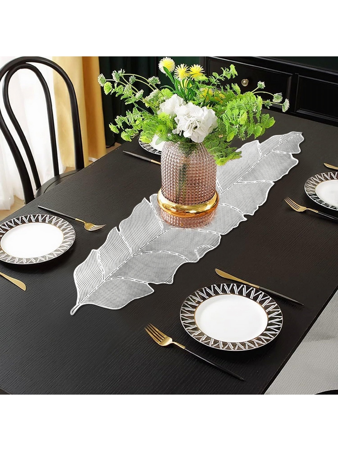 

GROKI White Textured Floral Table Runner