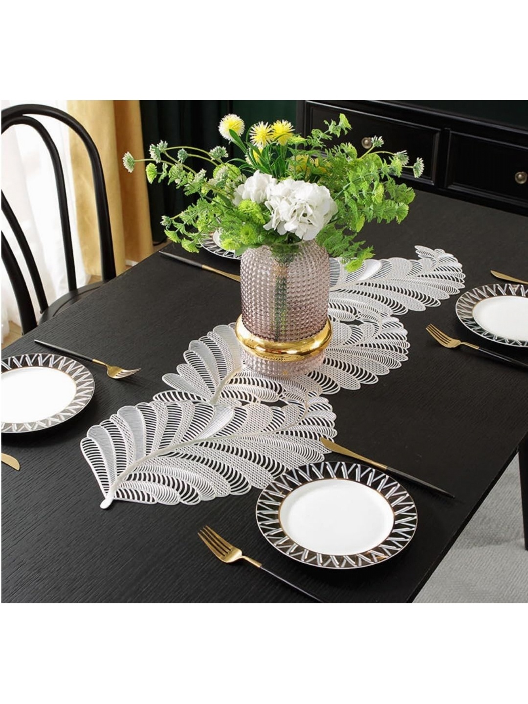 

GROKI Silver Toned Floral Waterproof Table Runner