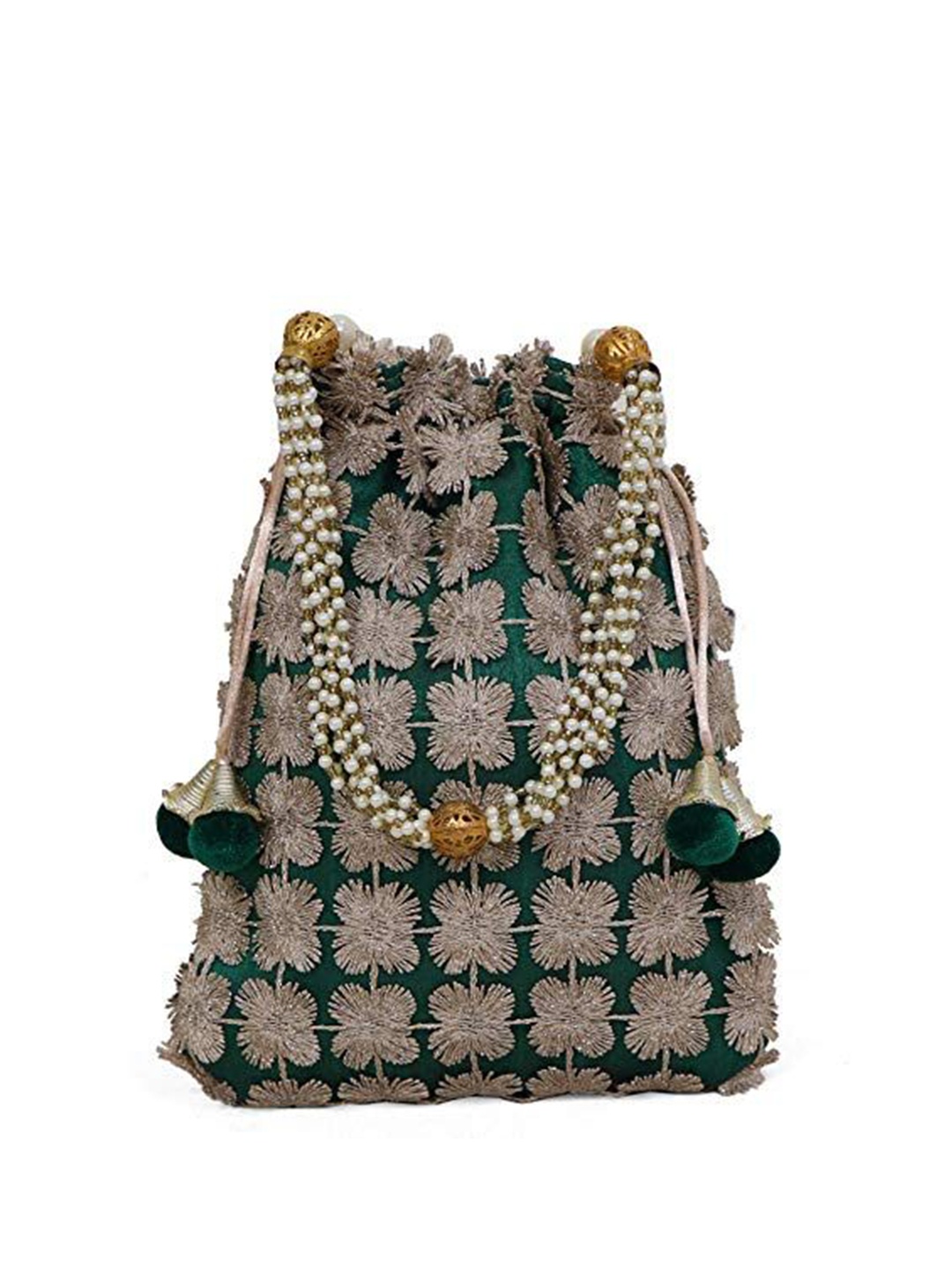 

FRINGES Embroidered Potli Clutch, Green