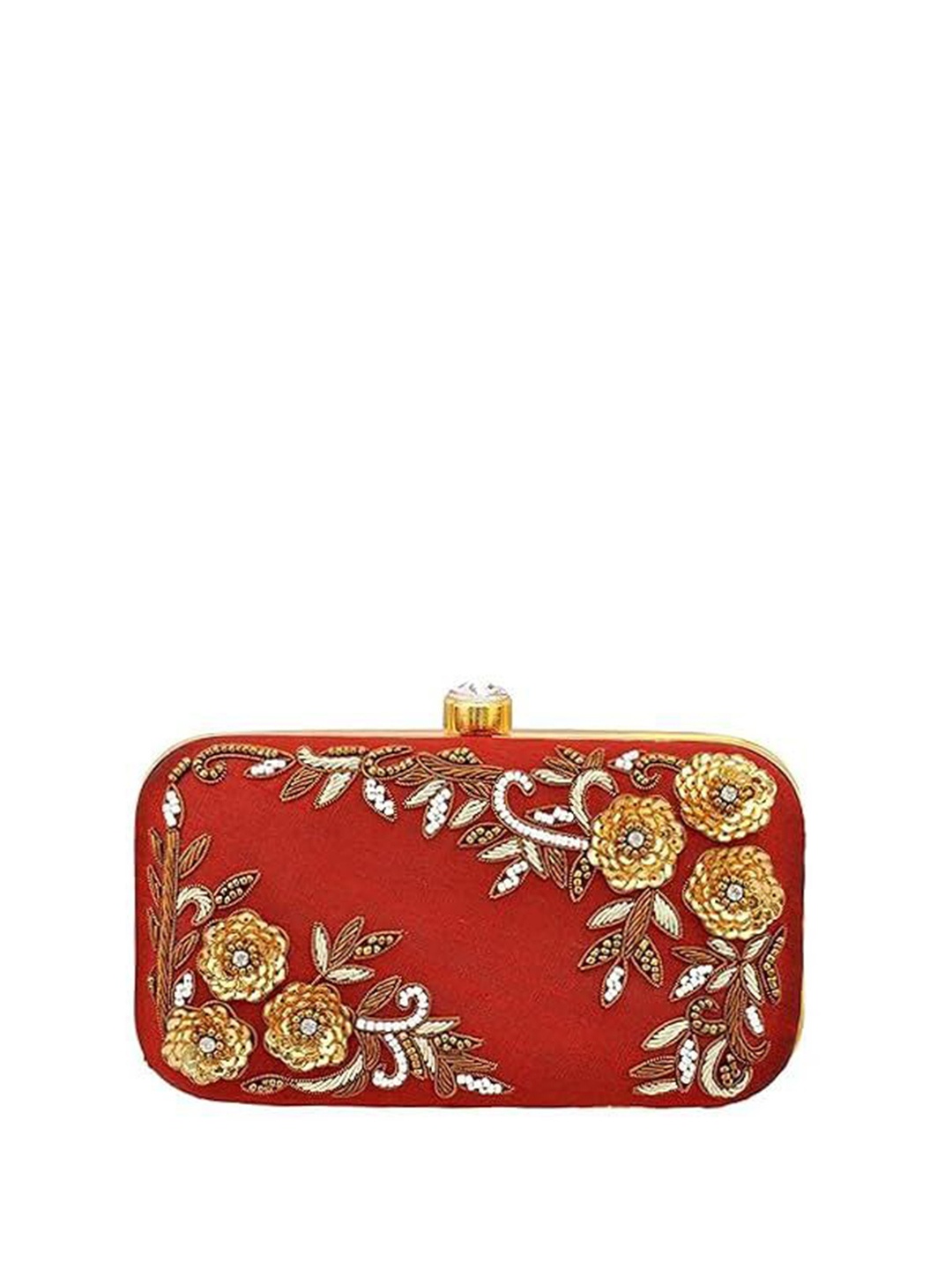 

FRINGES Embroidered Box Clutch, Maroon