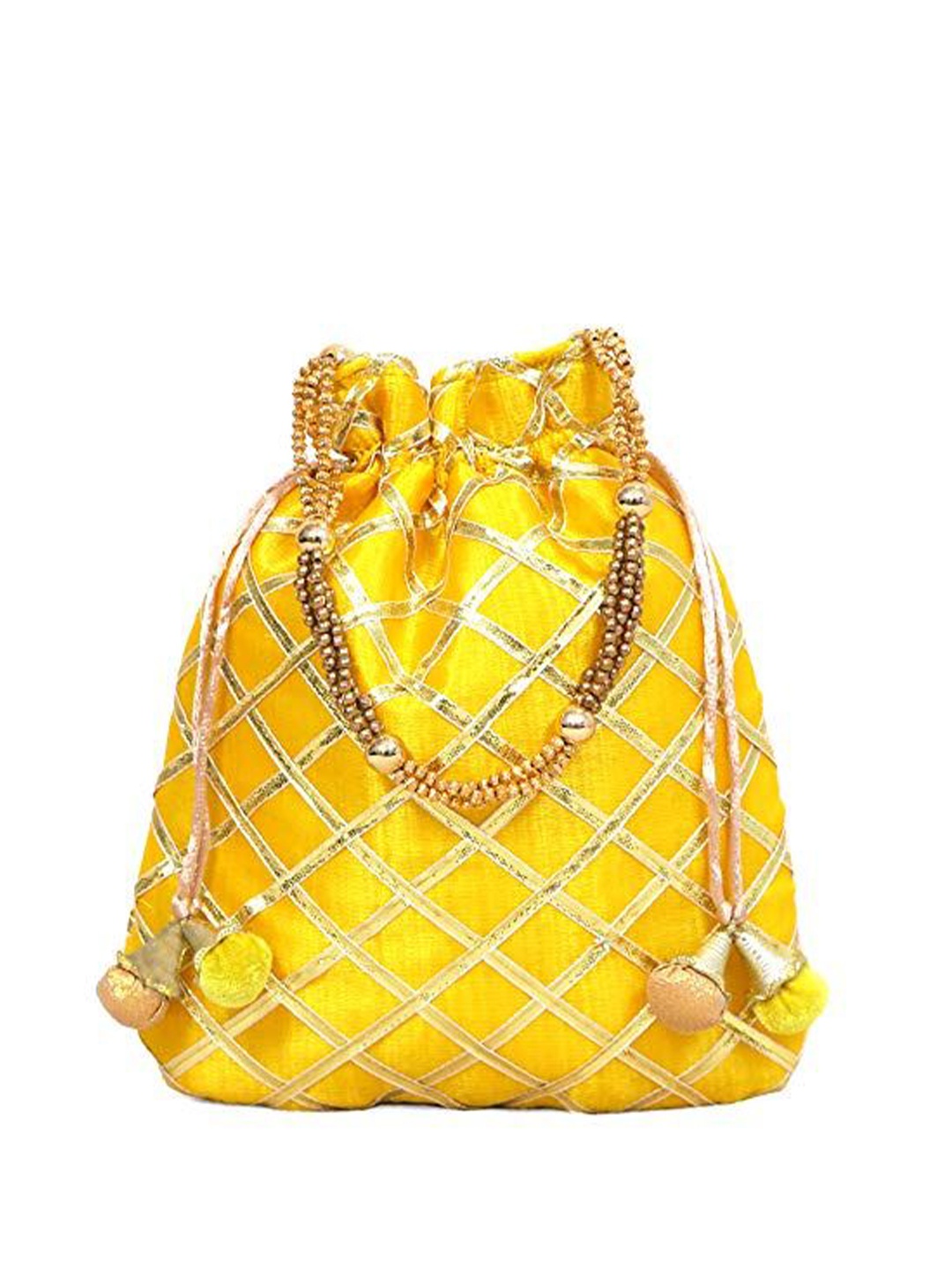 

FRINGES Embroidered Potli Clutch, Yellow