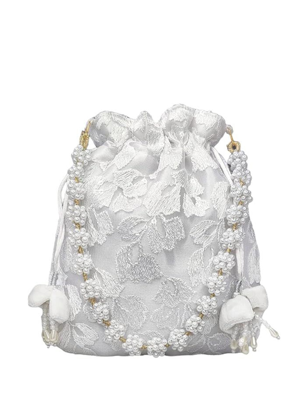 

FRINGES Embroidered Potli Clutch, White