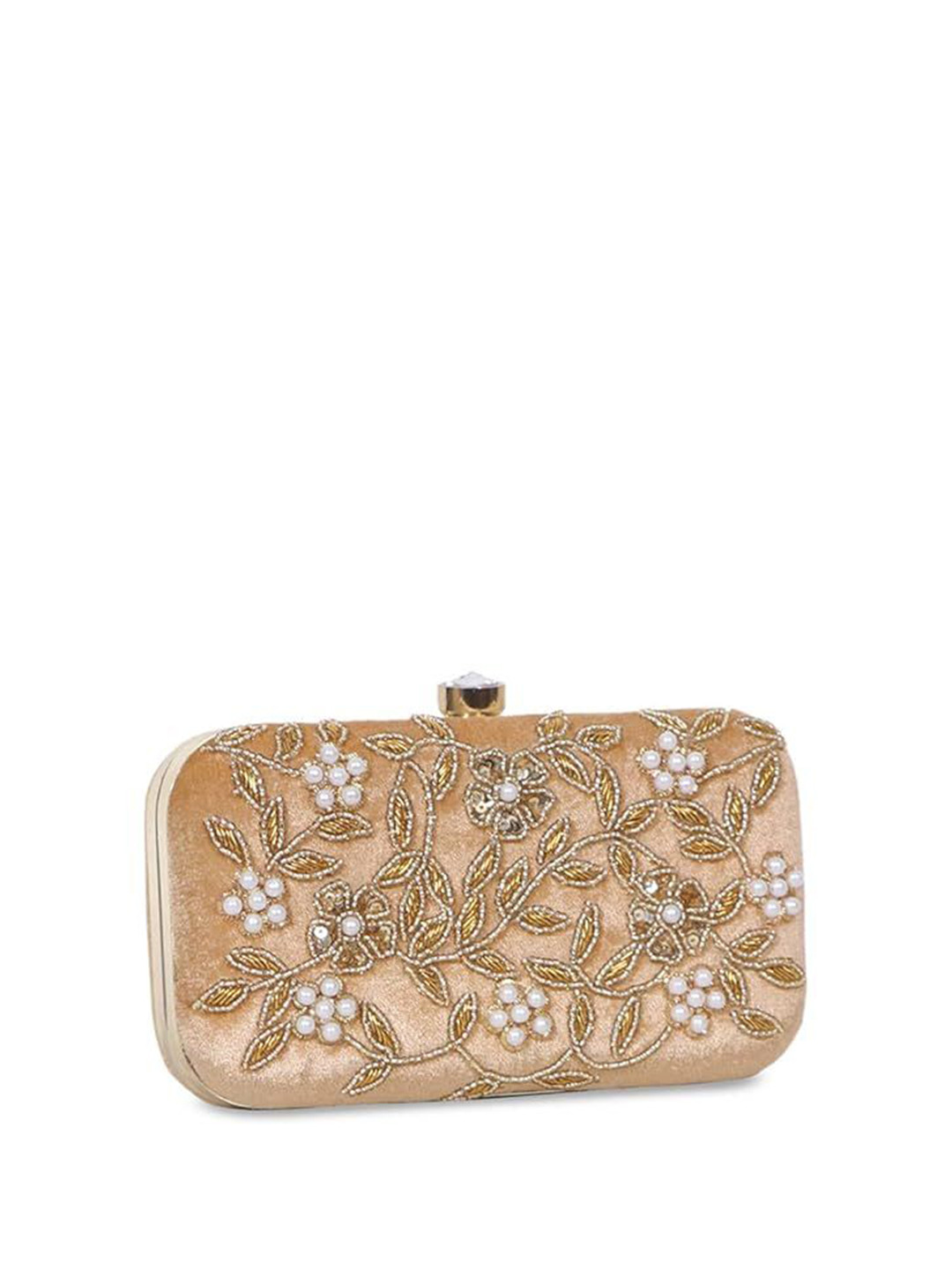 

FRINGES Embroidered Box Clutch, Beige
